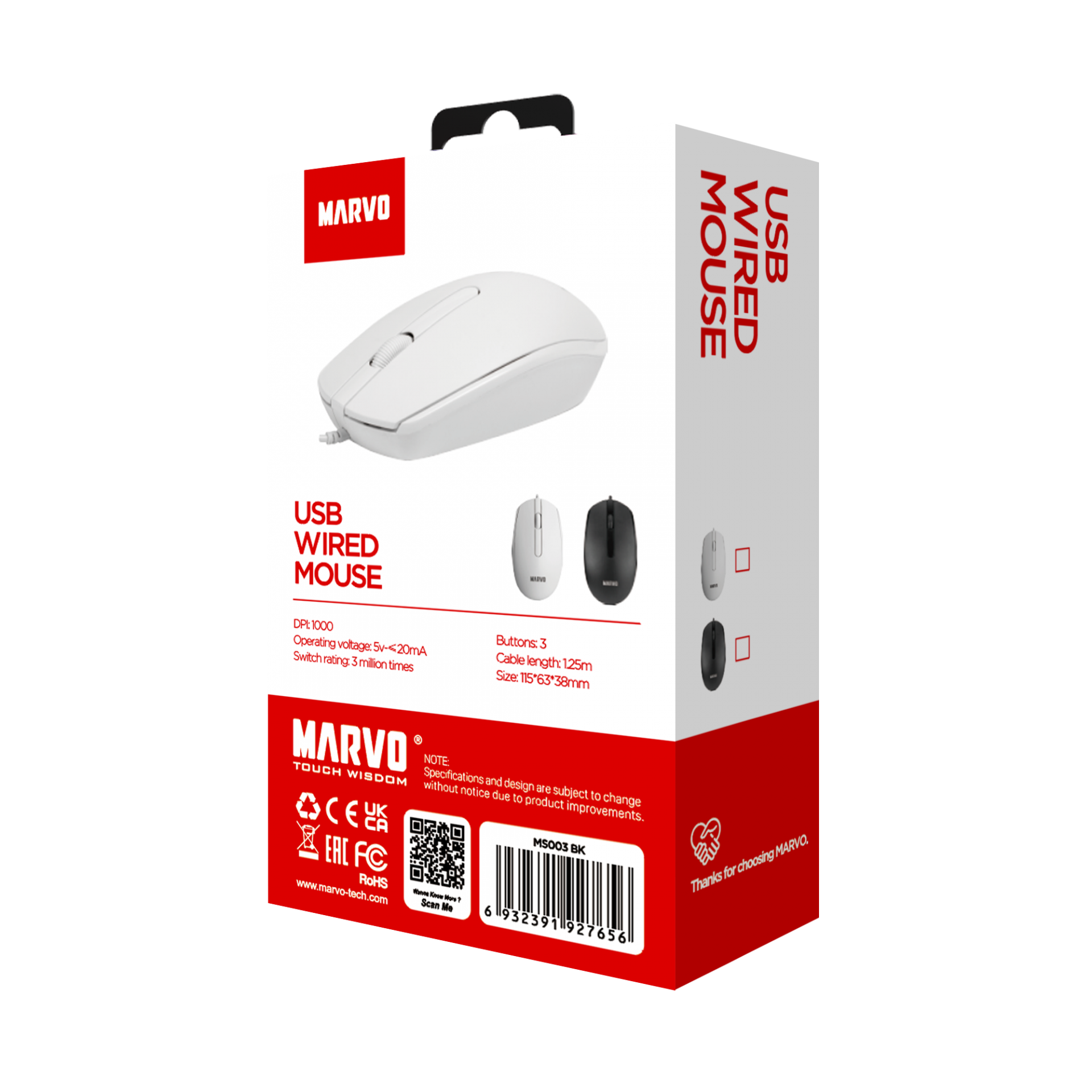 MARVO OFFICE MS003 WH WIRED MOUSE WHITE - Slika 6