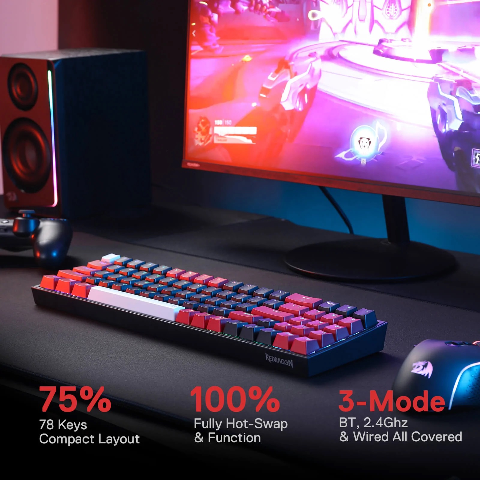 KEYBOARD - REDRAGON POLLUX K628RGB PRO WIRED/WIRELESS/BT MECHANICAL RED SWITCH - Slika 11